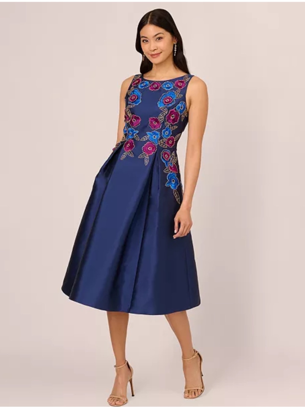 NWT Adrianna Papell Mikado Beaded Embroidered Floral Fit and Flare Midi 10